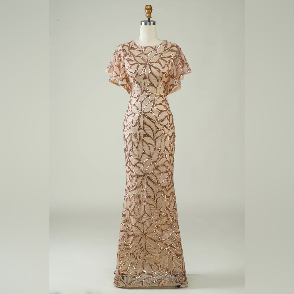 Champagne formal prom dress, beaded and bedazzled